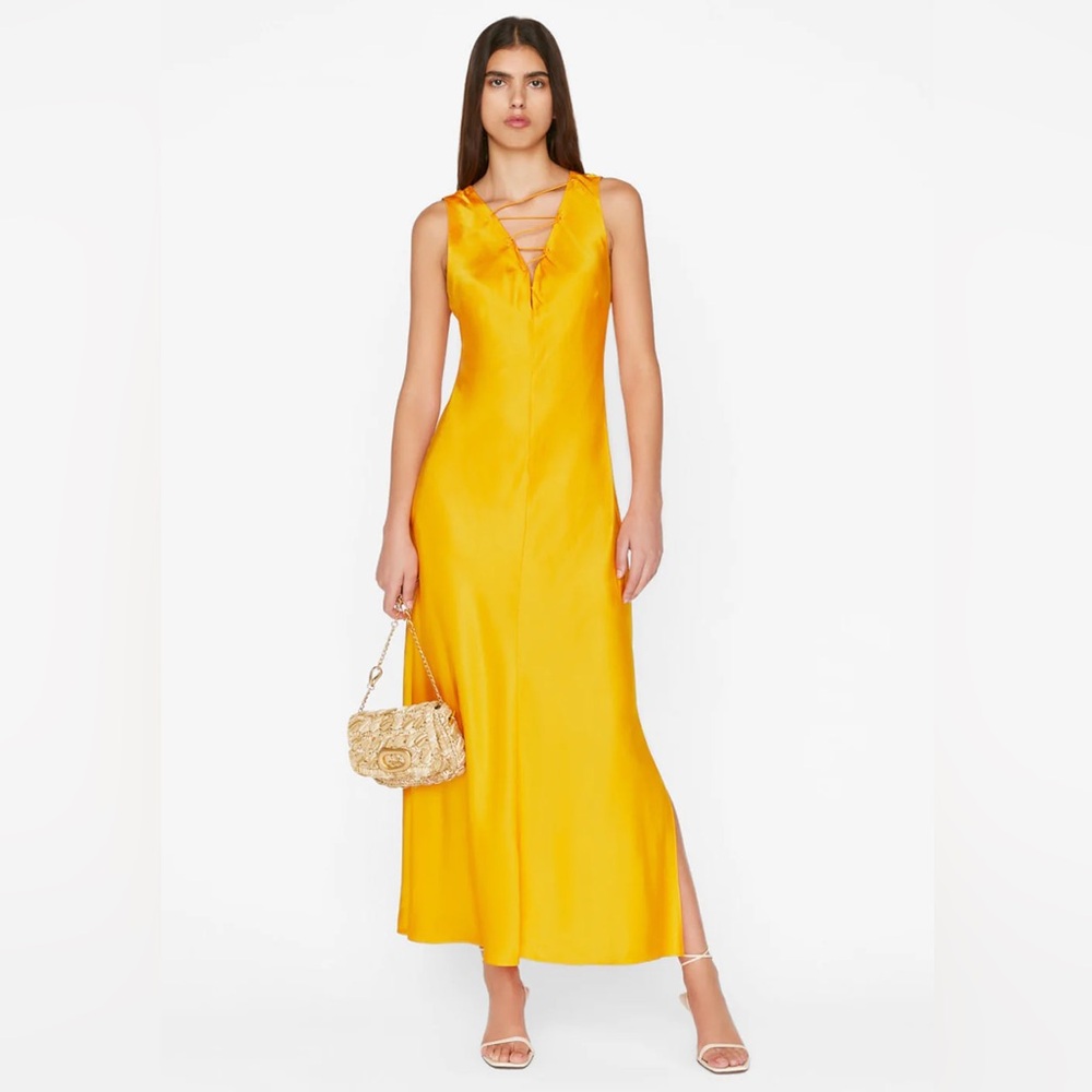 FRAME LACE-UP FRONT Stripe Satin MIDI LONG ORANGE DRESS IN NECTARINE sz.XS